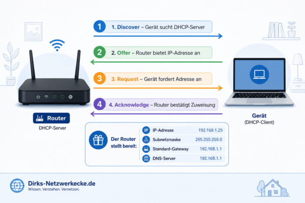 DHCP-Server: Ablauf der automatischen IP-Vergabe im Heimnetz DHCP-Server verteilt automatisch eine IP-Adresse an ein Gerät im Heimnetz