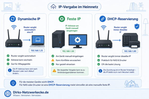 DHCP-Server: Dynamische IP, feste IP und DHCP-Reservierung im Vergleich DHCP-Server im Vergleich mit dynamischer IP, fester IP und DHCP-Reservierung im Heimnetz