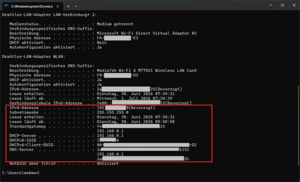 IPv4-Netzwerkdaten für eine feste IP-Adresse ermitteln Netzwerkdaten für eine feste IP-Adresse mit ipconfig auslesen