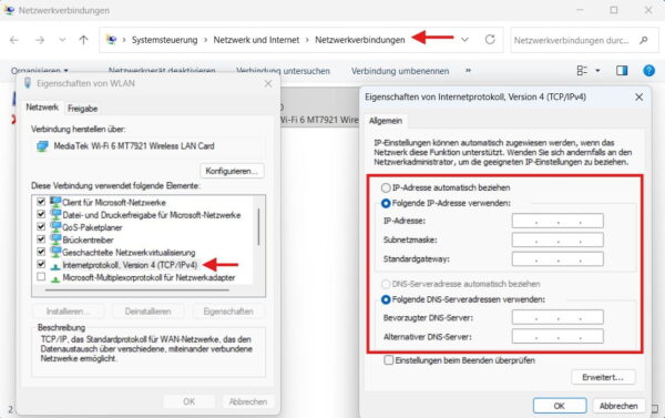 Feste IP-Adresse in Windows über TCP-IPv4 manuell einrichten Feste IP-Adresse über die klassischen TCP-IPv4-Einstellungen in Windows festlegen