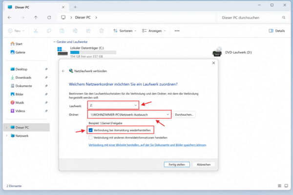 Heimnetzwerk Windows 11 einrichten und eine Netzwerkfreigabe als Netzlaufwerk verbinden