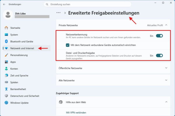 Heimnetzwerk Windows 11 einrichten und Netzwerkerkennung sowie Datei- und Druckerfreigabe aktivieren