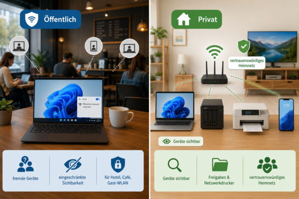 Öffentliches oder privates Netzwerk in Windows im Vergleich Vergleich von öffentlichem oder privatem Netzwerk in Windows mit Heimnetz und öffentlichem WLAN