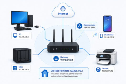 Subnetzmaske und Standardgateway im Heimnetz mit Router, PC, NAS, Smartphone und Drucker