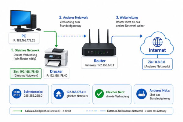 Grafik zeigt, wie Subnetzmaske und Standardgateway im Heimnetz bei lokalen und externen Verbindungen zusammenarbeiten