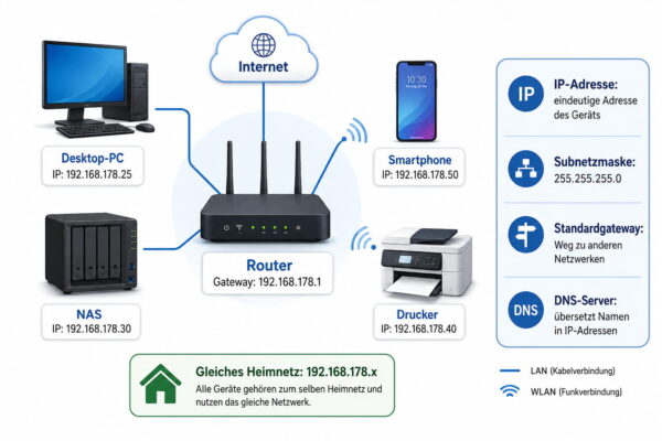 Grafik zu Subnetzmaske und Standardgateway im Heimnetz mit Router, PC, NAS, Drucker und Smartphone