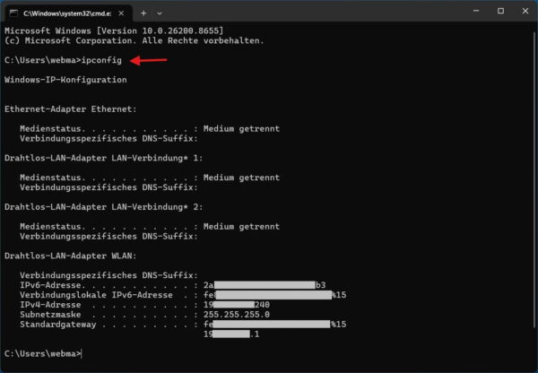 Subnetzmaske und Standardgateway unter Windows mit ipconfig prüfen