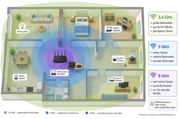 2,4 GHz, 5 GHz und 6 GHz WLAN im Vergleich 2,4 GHz oder 5 GHz WLAN im Vergleich mit Reichweite und 6-GHz-Netz