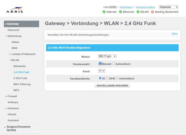 ARRIS TG3442 mit manueller Kanalauswahl im 2,4-GHz-WLAN auf Kanal 11