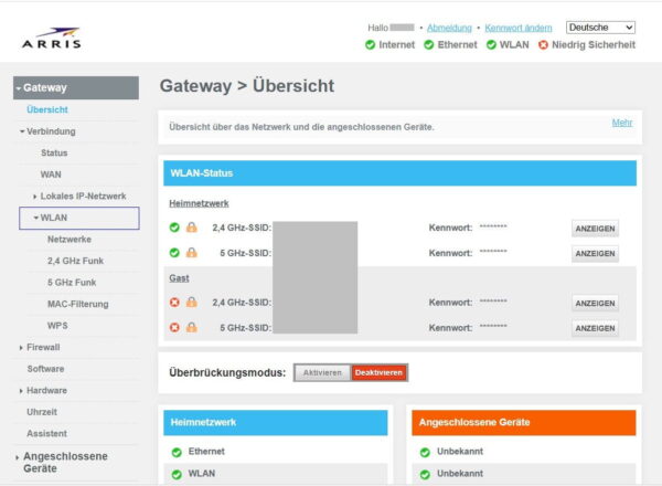 WLAN-Menü des ARRIS TG3442 mit 2,4-GHz- und 5-GHz-Funk