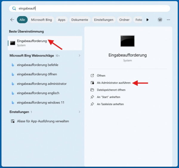 CMD als Administrator für den Winsock-Reset starten Eingabeaufforderung als Administrator für netsh winsock reset öffnen