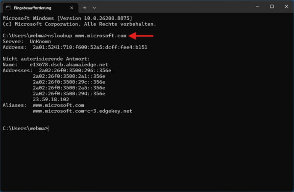 DNS-Probleme mit nslookup unter Windows erkennen CMD-Netzwerkbefehl nslookup prüft die DNS-Auflösung einer Webseite unter Windows