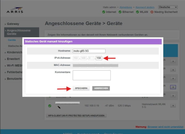 Router-Oberfläche mit Dialogfeld zum manuellen Hinzufügen einer statischen IPv4-Adresse für ein Gerät