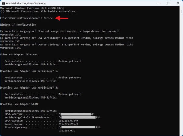 Eingabeaufforderung unter Windows mit dem Befehl ipconfig /renew zur Anforderung einer neuen IP-Adresse