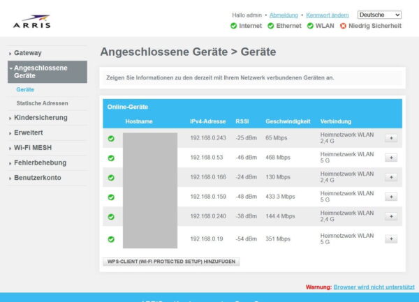 Geräteübersicht im Router-Menü mit einer Liste aller verbundenen Online-Geräte und ihren IPv4-Adressen