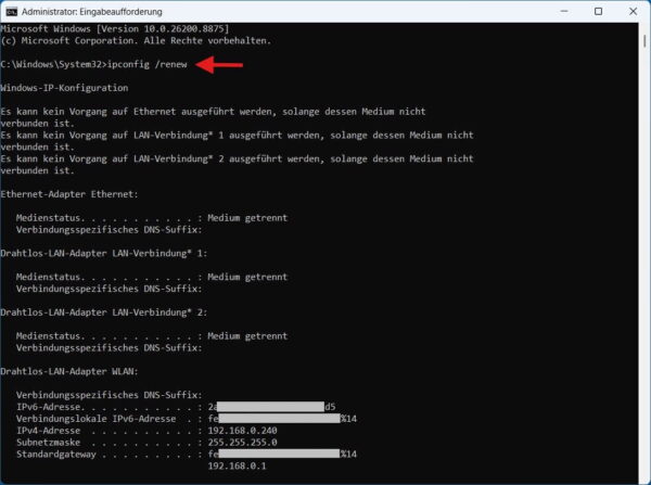 IP-Adresse mit ipconfig renew erneuern ipconfig renew erneuert die IP-Adresse des WLAN-Adapters unter Windows