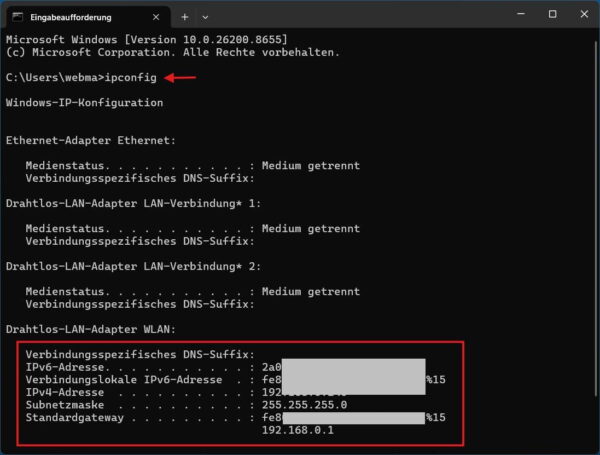 Kein Internet trotz WLAN: IP-Adresse mit ipconfig prüfen IP-Adresse und Standardgateway mit ipconfig prüfen bei Kein Internet trotz WLAN
