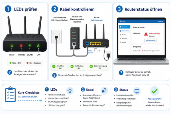 Kein Internet trotz WLAN: Router und Anschluss prüfen Router, Kabel und Internetstatus prüfen bei „Kein Internet trotz WLAN“