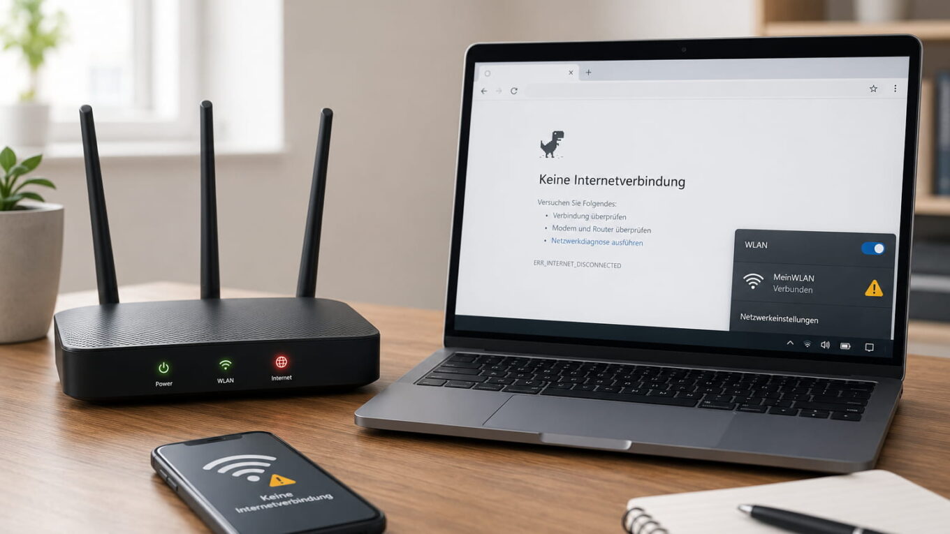 Laptop und Smartphone zeigen „Kein Internet trotz WLAN“ neben einem Router mit gestörter Internetverbindung.