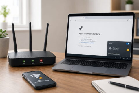 Laptop und Smartphone zeigen „Kein Internet trotz WLAN“ neben einem Router mit gestörter Internetverbindung.
