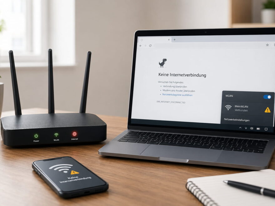Laptop und Smartphone zeigen „Kein Internet trotz WLAN“ neben einem Router mit gestörter Internetverbindung.