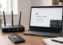 Laptop und Smartphone zeigen „Kein Internet trotz WLAN“ neben einem Router mit gestörter Internetverbindung.