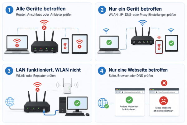 Kein Internet trotz WLAN: Ursache schnell eingrenzen Infografik zur Fehlersuche bei „Kein Internet trotz WLAN“ mit vier typischen Ursachen
