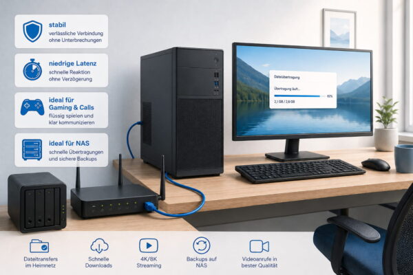 LAN oder WLAN am Desktop-PC: Warum LAN oft die bessere Wahl ist LAN oder WLAN am Desktop-PC: LAN-Verbindung mit stabilem Desktop-PC für niedrige Latenz und schnelle Datenübertragung