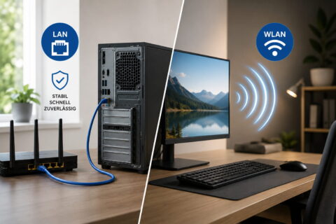 LAN oder WLAN am Desktop-PC im direkten Vergleich mit Router, Netzwerkkabel und WLAN-Verbindung