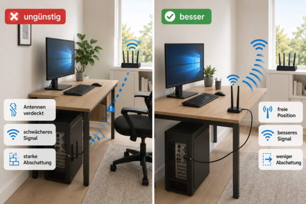 LAN oder WLAN am Desktop-PC: WLAN-Verbindung am Desktop-PC verbessern LAN oder WLAN am Desktop-PC: Vergleich zwischen ungünstiger und besserer WLAN-Antennenposition für ein stärkeres Signal