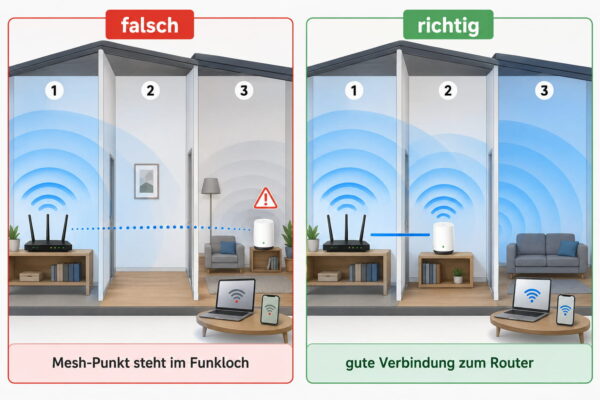 Richtige und falsche Platzierung eines Mesh-Punkts im WLAN