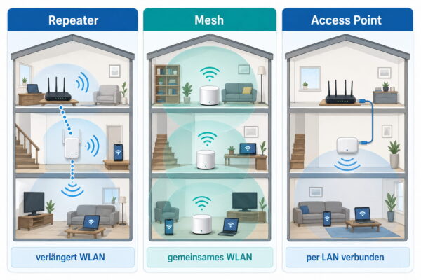 Vergleich von WLAN-Mesh, Repeater und Access Point in einem Haus