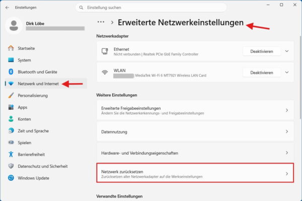 Netzwerk in Windows 11 zurücksetzen Netzwerk zurücksetzen in den erweiterten Netzwerkeinstellungen von Windows 11