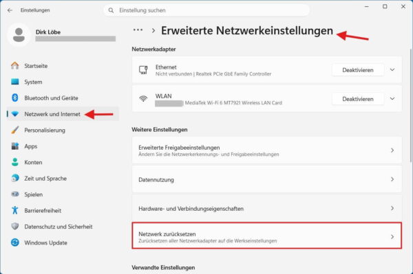 Windows 11 Einstellungen unter Netzwerk und Internet mit hervorgehobener Option Netzwerk zurücksetzen