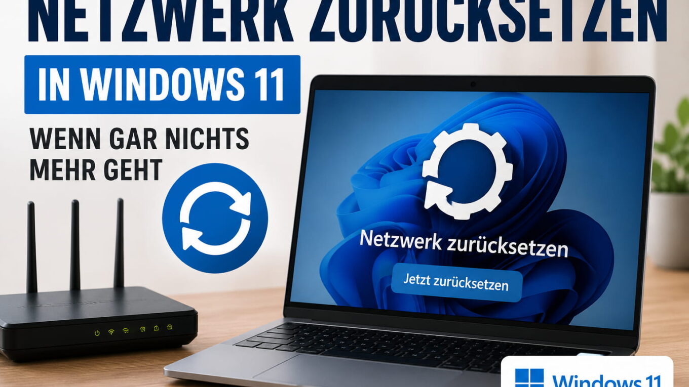 Netzwerk zurücksetzen in Windows 11 mit Laptop und WLAN-Router