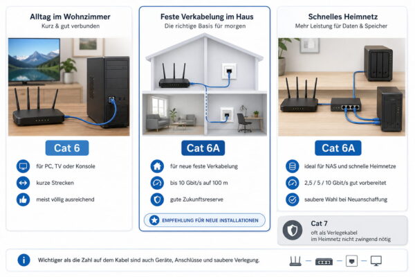 Netzwerkkabel im Heimnetz richtig auswählen Netzwerkkabel für verschiedene Einsatzbereiche im Heimnetz: Cat 6 für kurze Strecken, Cat 6A für feste Verkabelung und schnelle Heimnetze