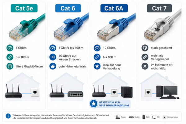 Netzwerkkabel Vergleich von Cat 5e, Cat 6, Cat 6A und Cat 7 Netzwerkkabel im Vergleich: Cat 5e, Cat 6, Cat 6A und Cat 7 für Heimnetzwerke