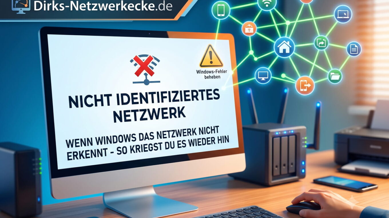 Fehler Nicht identifiziertes Netzwerk auf Monitor mit Windows-PC und Heimnetzwerk-Equipment.