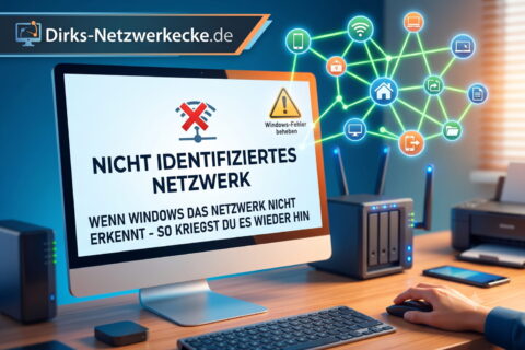 Fehler Nicht identifiziertes Netzwerk auf Monitor mit Windows-PC und Heimnetzwerk-Equipment.