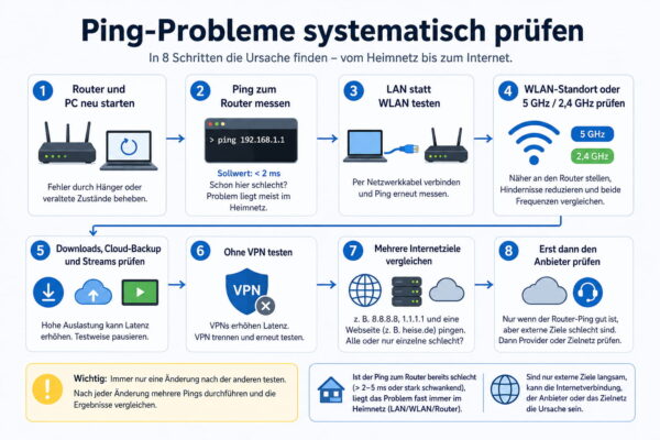 Ping-Zeit messen: Ping-Probleme systematisch prüfen Ping-Zeit messen und Ping-Probleme im Heimnetzwerk Schritt für Schritt eingrenzen