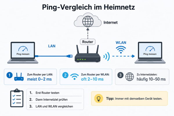 Ping-Zeit messen: LAN, WLAN und Internet vergleichen Ping-Zeit messen im Vergleich von LAN, WLAN, Router und Internetanschluss