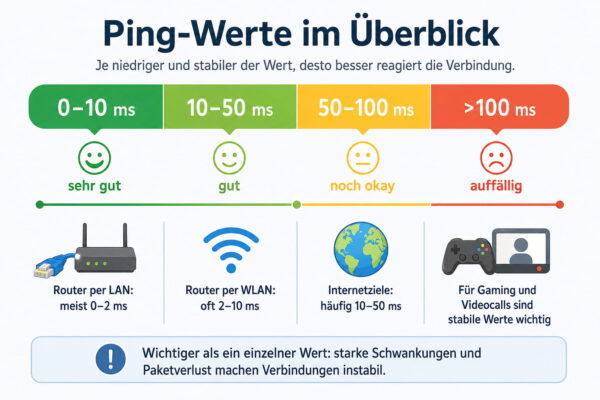 Ping-Zeit messen: Gute und schlechte Werte erkennen Ping-Zeit messen und typische Ping-Werte im Heimnetzwerk richtig einordnen