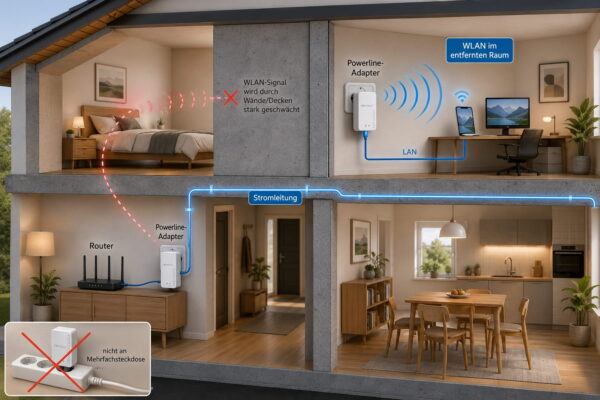 WLAN über die Stromleitung in entfernte Räume erweitern Powerline-Adapter verbessern die WLAN-Reichweite in einem entfernten Raum