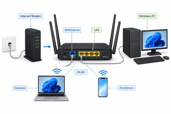 Router anschließen und Heimnetzwerk richtig verbinden Router anschließen mit Modem, LAN-PC und WLAN-Geräten