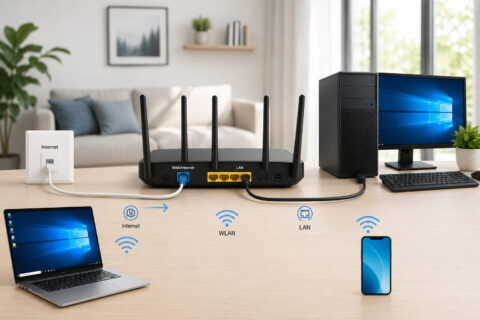 Router anschließen und Windows-PC per LAN sowie Notebook und Smartphone per WLAN verbinden