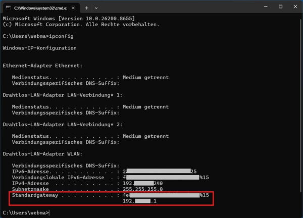 Standardgateway zum Öffnen der Router-Oberfläche finden Router anschließen und Standardgateway mit ipconfig ermitteln