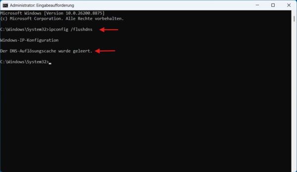 Screenshot der Windows Eingabeaufforderung mit rotem Pfeil auf dem Befehl 'ipconfig /flushdns' und einem zweiten roten Pfeil auf der Erfolgsmeldung 'Der DNS-Auflösungscache wurde geleert.'.
