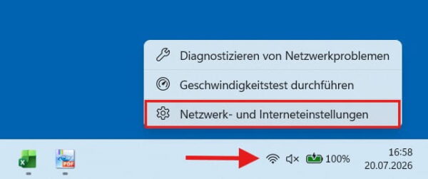 Windows-Taskleiste mit rotem Pfeil auf dem WLAN-Symbol und geöffnetem Kontextmenü mit rotem Rahmen um den Eintrag Netzwerk- und Interneteinstellungen.