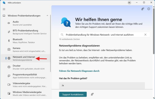 Windows Netzwerkdiagnose in der App Hilfe anfordern