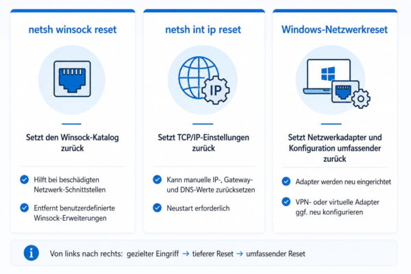 netsh winsock reset und TCP/IP-Reset im Vergleich Unterschied zwischen netsh winsock reset, TCP/IP-Reset und Windows-Netzwerkreset
